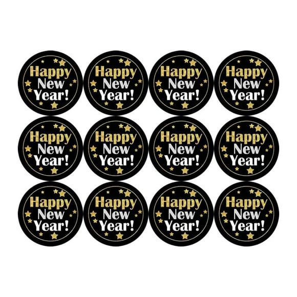 Happy New Year Stickers Seals gold Labels - (Pack of 120) 157 Large Round gold Foil Stickers Stamping on Black for New Year cards gift Envelopes Boxes