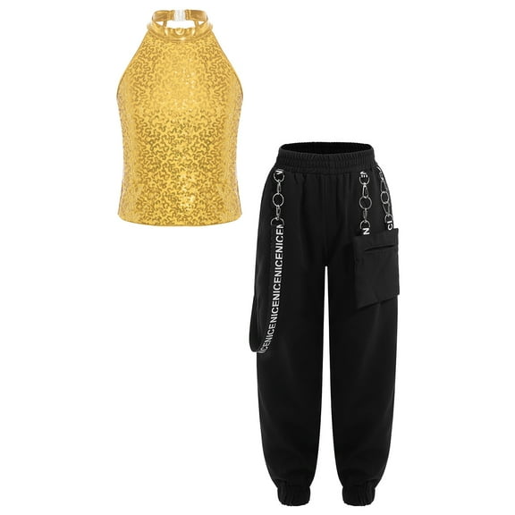 YONGHS Kids Girls Halter Hip Hop Jazz Dance Crop Top with Cargo Jogger Pants Set Performance Dancewear Gold 14