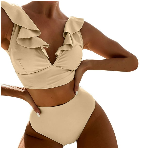MKLEKYY Trajes De Baño Hombre Natacion New Multicolor Ruffled V Neck Split Swimsuit High Waist Split Bikini Women'S
