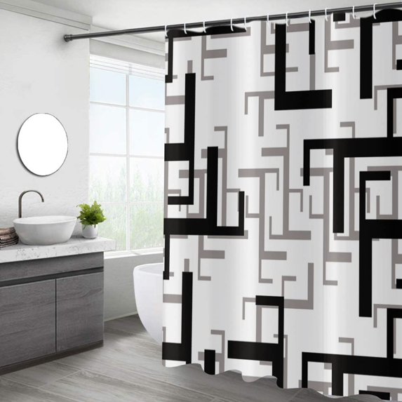 Black and White Shower Curtain, Black White Grey Geometric Shower Curtain Modern Abstract Bathroom Curtains for Contemporary Bathtub Decor Waterproof Machine Washable Fabric with 12 Hooks