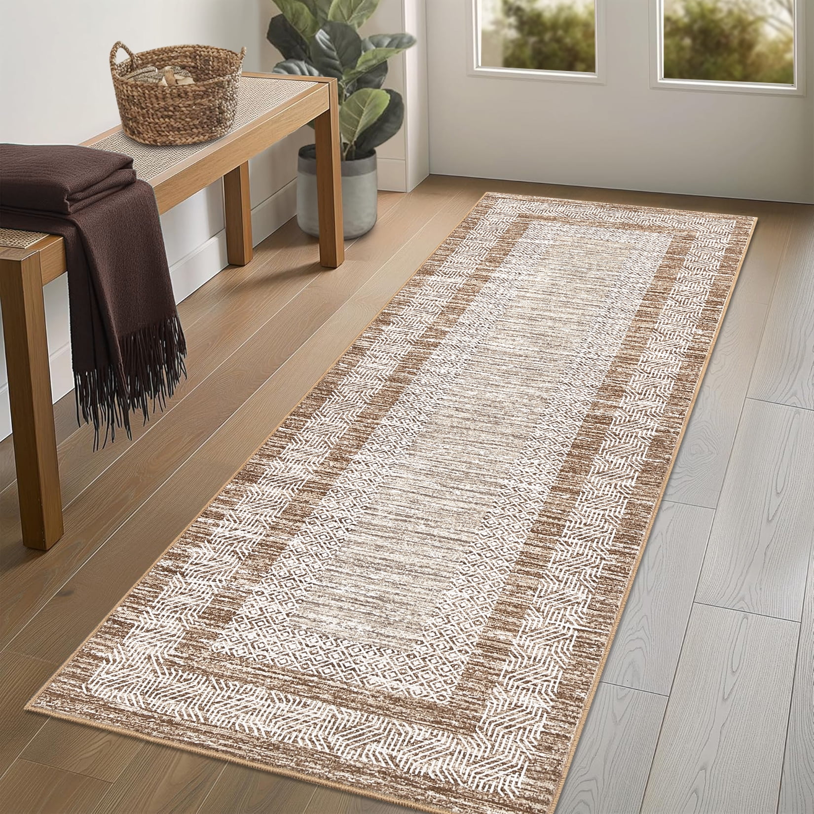Entryway Rug 2x6 Runner, Modern Bordered Hallway Runner Rug Washable Kitchen Rug Stain Resistant Non-Slip Carpet Minimalist Plaid Floor Cover for Laundry Bathroom, Brown
