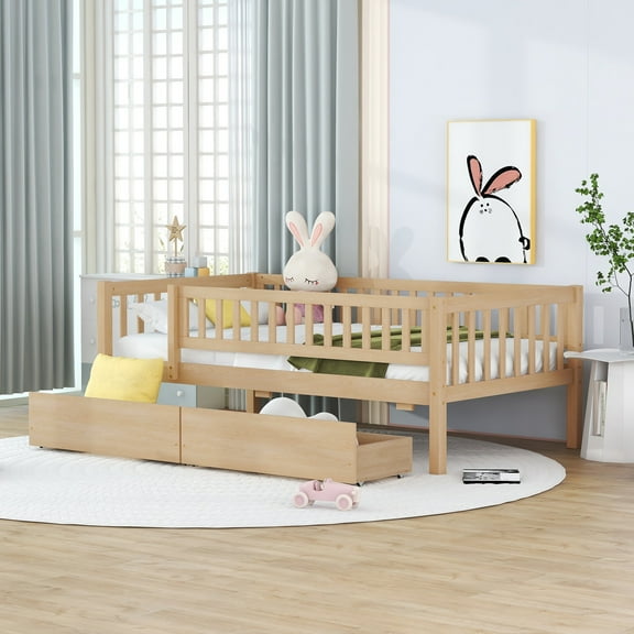 Pinovk Twin Size Daybed Wood Bed with Two Drawers, Natural