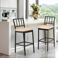 thumbnail image 2 of Metal Dining Bar Stools, Outdoor Bar Height Stool, Indoor Outdoor Stools with High Back & Cushions, Black Matte Finish, 29" Barstools for Patio, Bistro(2 Slat back stools with cushions, Black), 2 of 6