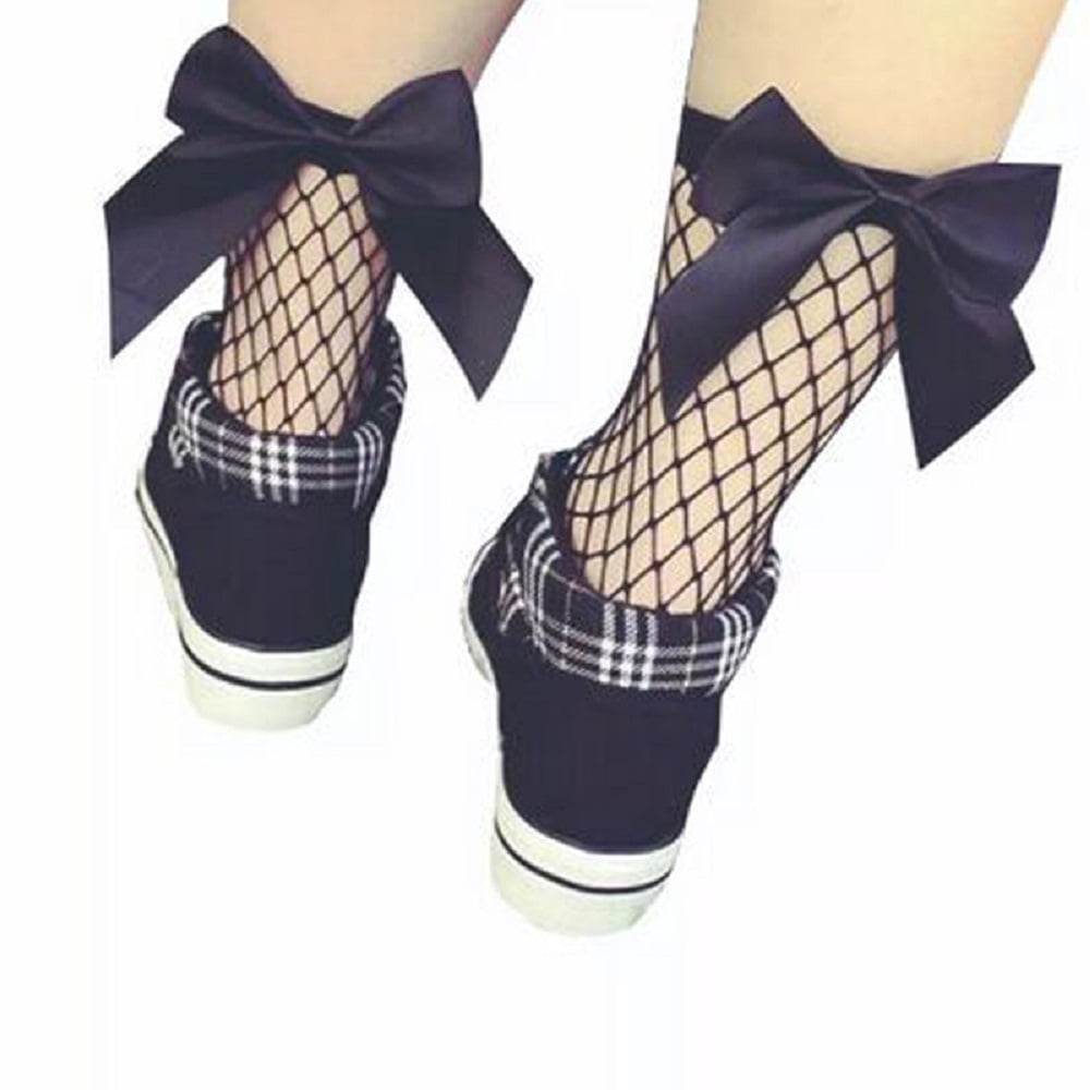 Girl's Ruffle Bow Fishnet Ankle Socks Mesh Lace Fish Net Short Ankle Stocking V