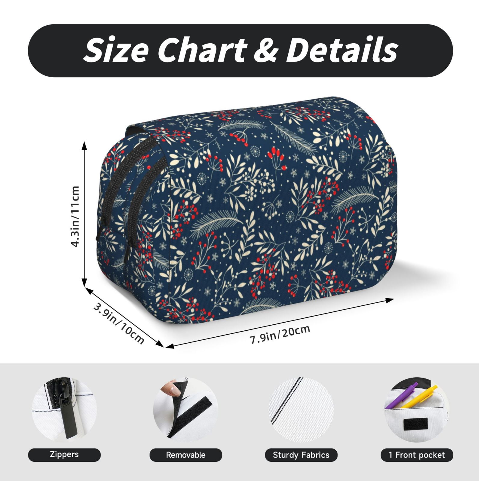 Rateoe Merry Christmas Winter Leaves Snowflakes Pattern Double Clamshell Pen Case, Storage Organizer with Two Zipper Compartments– Holds Up to 50 Pencils & Pens