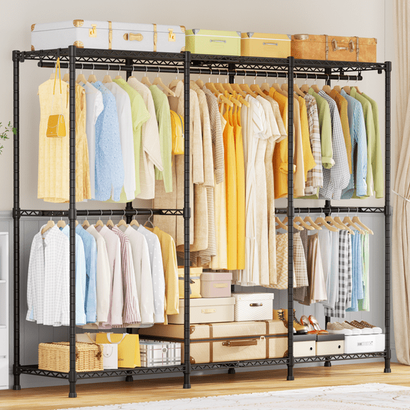 E14 Pro Heavy Duty Clothes Rack,Freestanding Clothing Racks for Hanging Clothes,Adjustable Closet Organizers and Storage,Metal Garment Rack with Shelves 69"W x16"D x77"H,Max Load 960LBS,Black