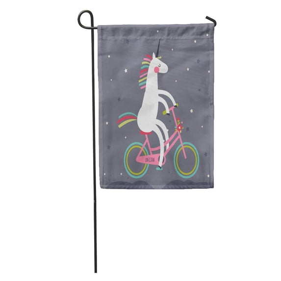 SIDONKU Pink Rainbow Cute of Unicorn on Bicycle in The Stars Pony Myth White Garden Flag Decorative Flag House Banner 28x40 inch