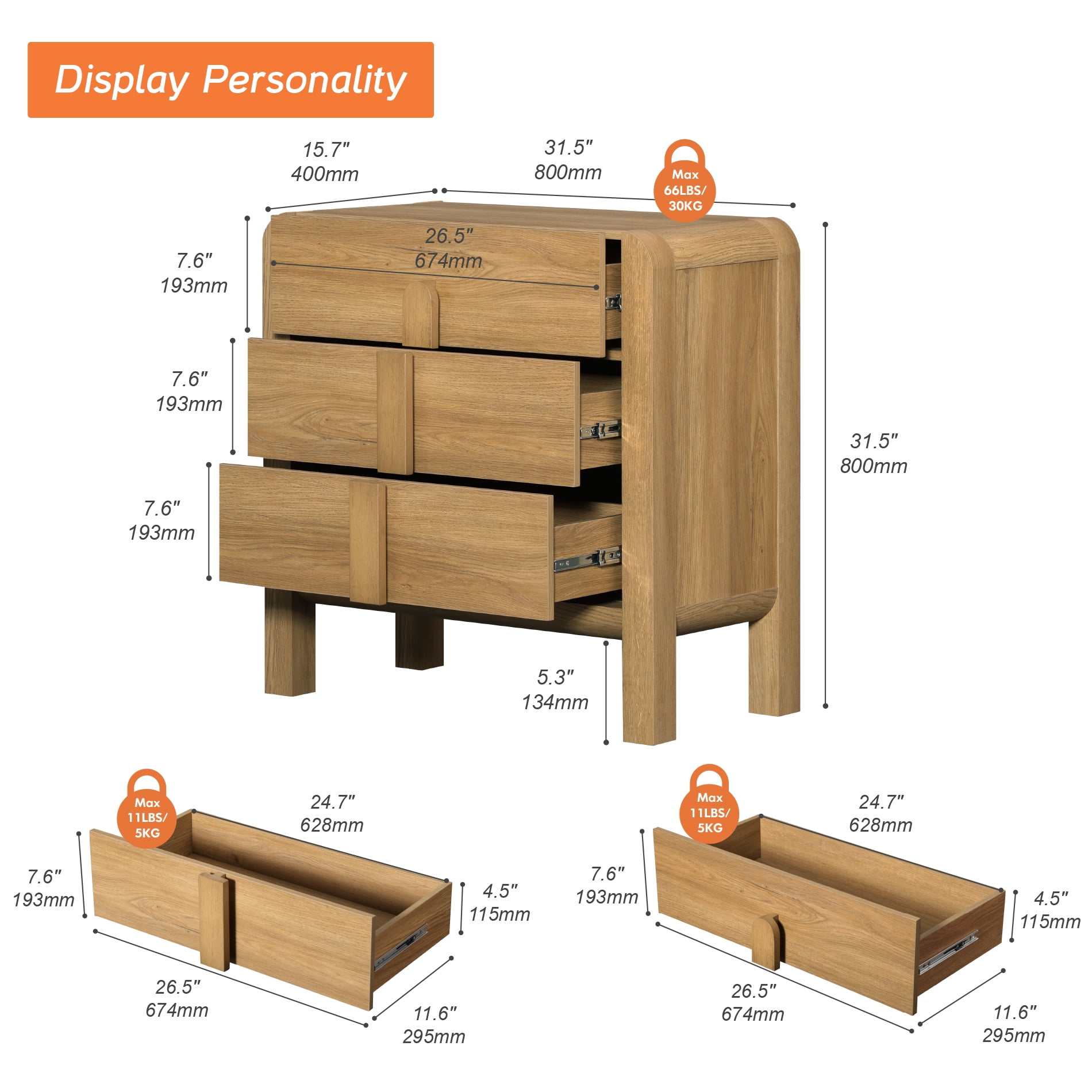 Mid-Century Modern Wood Nightstand with 3 Drawers ,31.5" Large End Table,Curved Bedside Table Storage Cabinet for Bedroom, Living Room,Entryway