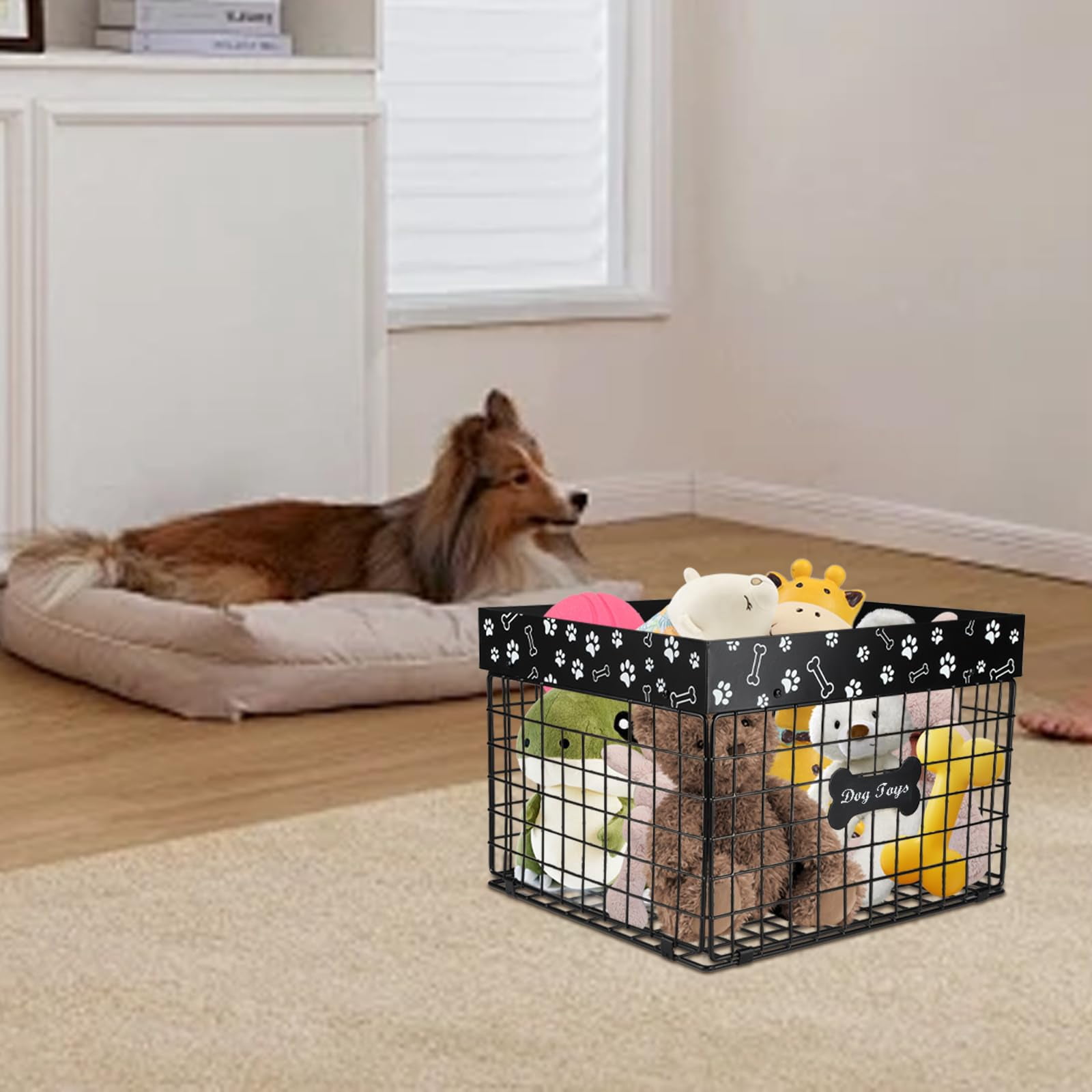 Black 2 Large Metal Dog Storage Basket for Pet Toys, Food, and Living Room Organization