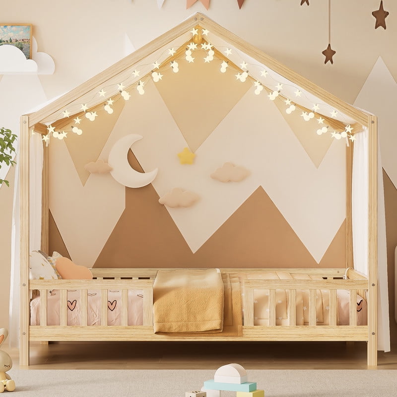Mirightone Twin Size House Bed, Wooden Montessori Bed with Roof Design, Low Profile Bed Twin with High Railings, Wood House Shape Montessori Beds with Canopy & Roof, White