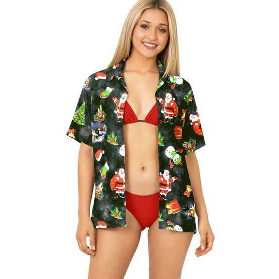 HAPPY BAY Women's Beach Funny Santa Claus Party Shirt Blouse Button Down Tops Christmas Tree Hawaiian Gifts Shirts for Women S Xmas Tree Gifts, Black