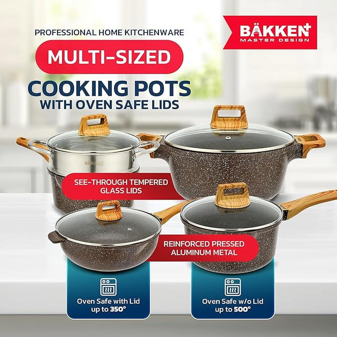 BAKKEN Cookware Set - Nonstick Granite Coating, Pots and Pans with Handle Grips and Tempered Glass Lids, Safe up to 500°F, Set of 20