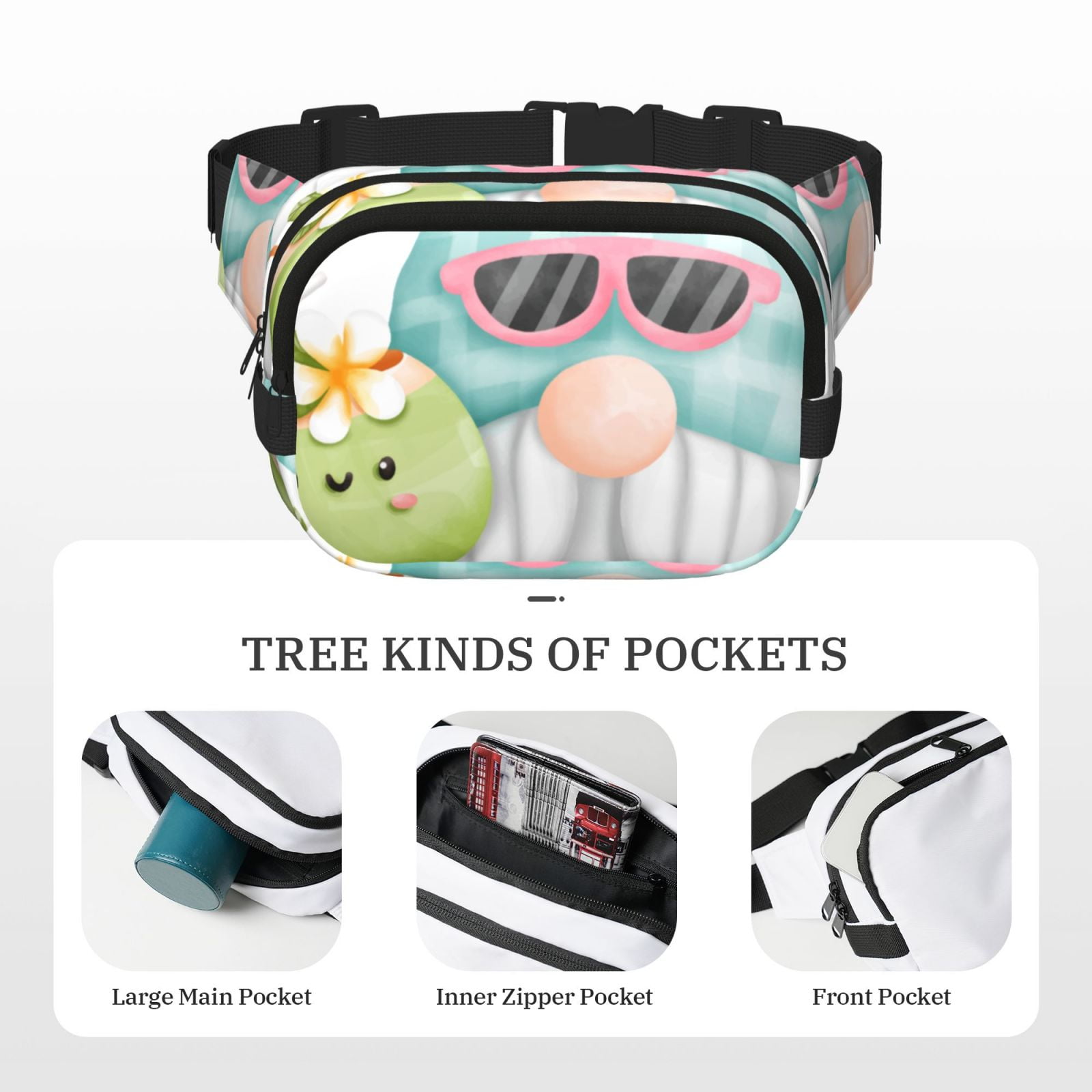 Picia Summer Gnome,Cute Gnome Print Square Double-Layer Waist Bag Mini Adjustable Waist Belt Bag Exercise Running Travel Hiking