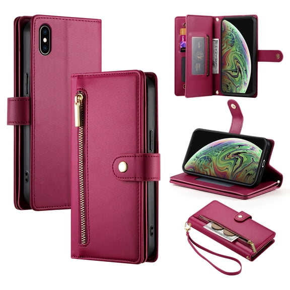 Allytechgroup Wallet Case for Apple iPhone XS Max, 9 Cards Holder Zipper Pocket Hand Wrist Shockproof Stand Flip Cover RFID Blocking Phone Case for Women Men, Red