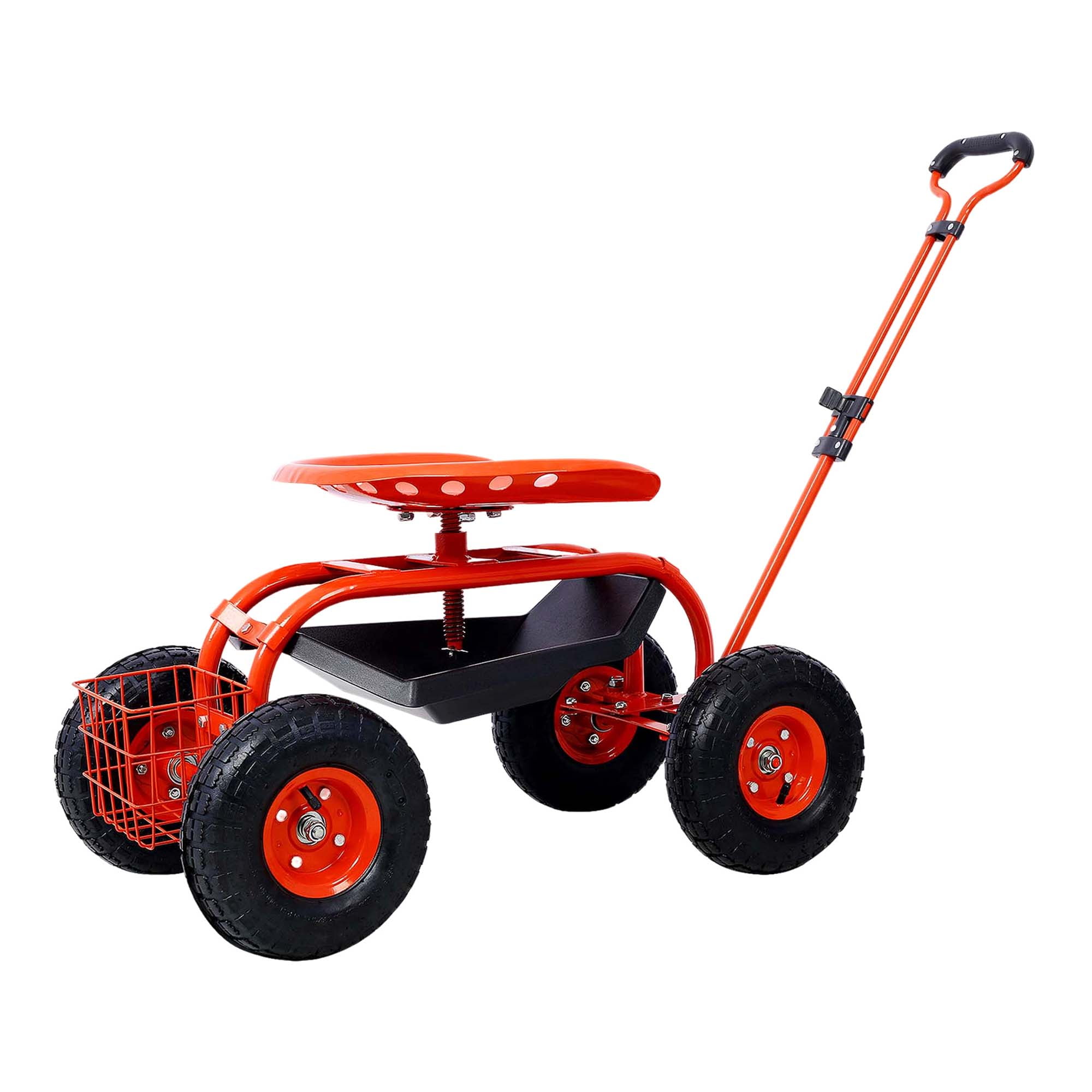 Aukfa Rolling Garden Cart Scooter with Swivel Seat, Wheels, and Tool Tray - Red