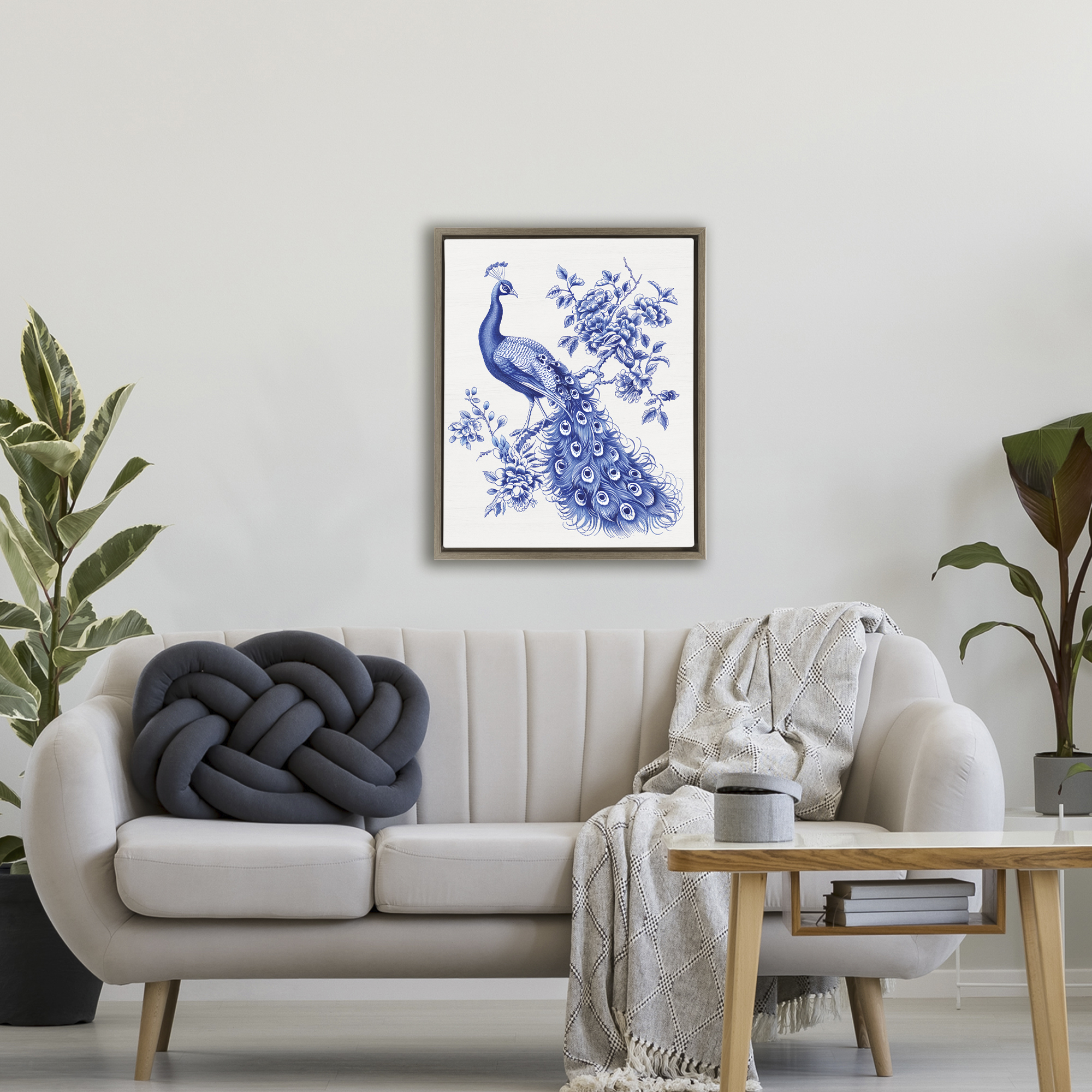 Vintage Peacock in Toile Style Brown Framed Floater Canvas Wall Art, design by Lettered and Lined