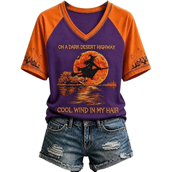 Textilo Halloween Print T-Shirt for Women Raglan Short Sleeve V-Neck Shirt Witch Graphic Tshirts Halloween Funny Spooky Season Vintage Tees