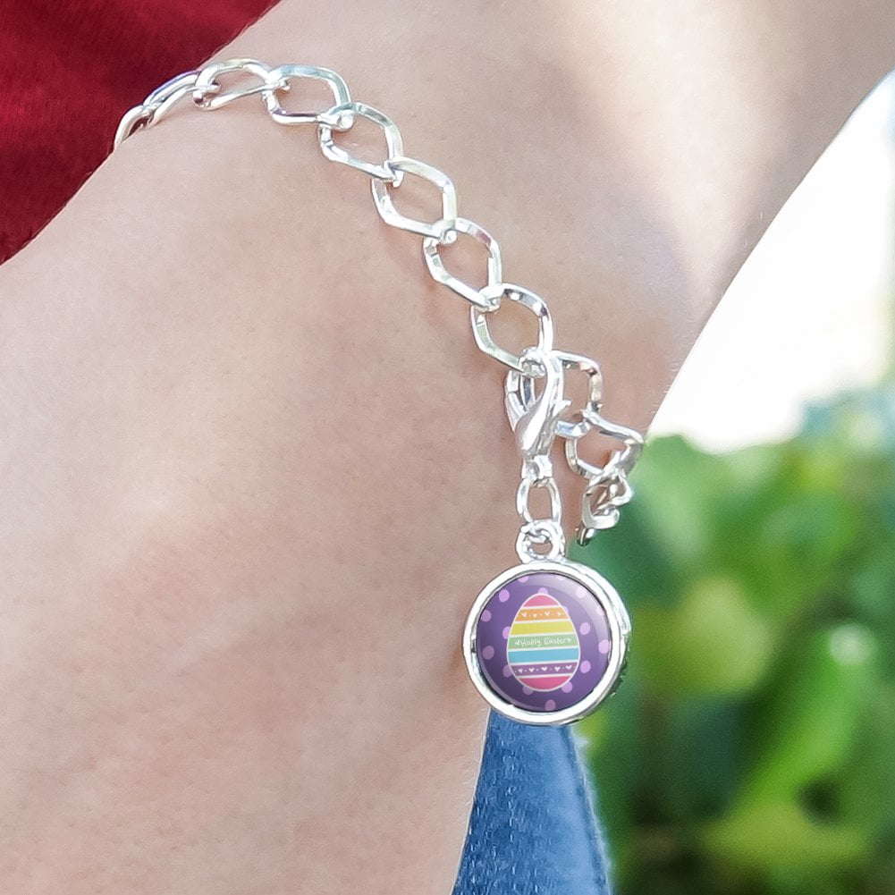 GRAPHICS & MORE Cute Rainbow Happy Easter Egg Silver Plated Bracelet with Antiqued Oval Charm 