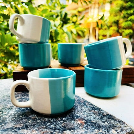 

Hand Painted Trihni Ceramic Tea Cups Set Of 6 - 150ml Each White & Turquoise | Ceramic Cups For Tea Coffee Milk - 6 Pieces Microwave Safe & Scratch Resistant