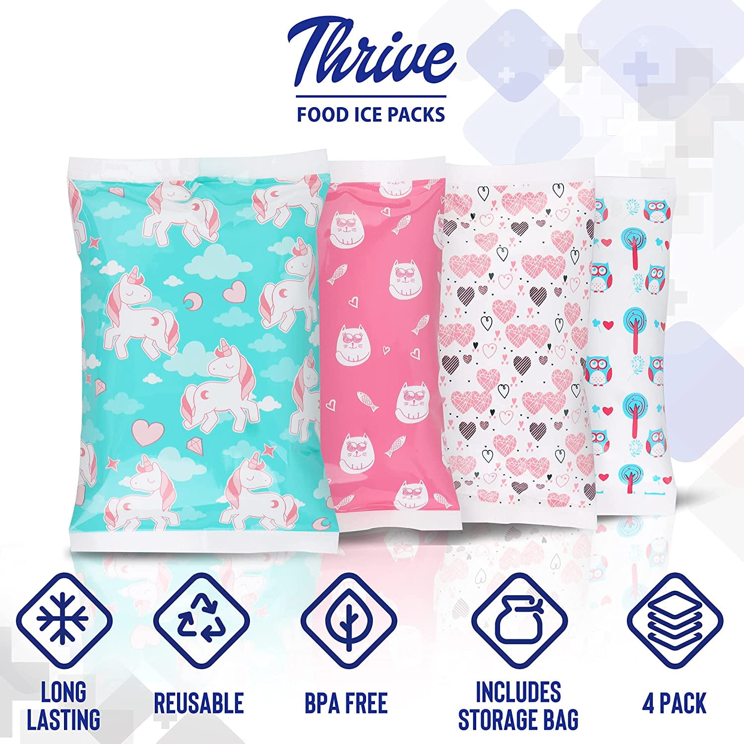 Thrive 4 Pack Small Reusable Ice Packs for Lunch Box or Cooler, Long Lasting, BPA Free, Robot, Space, Dinosaur Prints