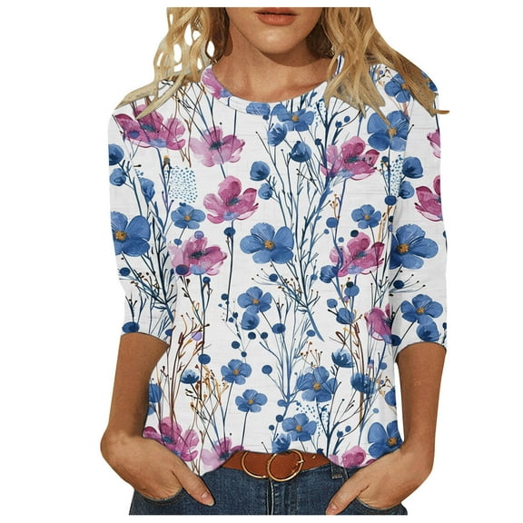 BangWanChi 3/4 Length Sleeve Womens Tops Women 3/4Sleeves Casual Shirts Pullover Loose Tunic Tops Print Blouse