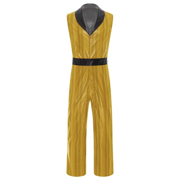 Aislor Men Retro 70's 80s Disco Costume Shiny Metallic Plaid Print Jumpsuits Sleeveless Bodysuit Gold L