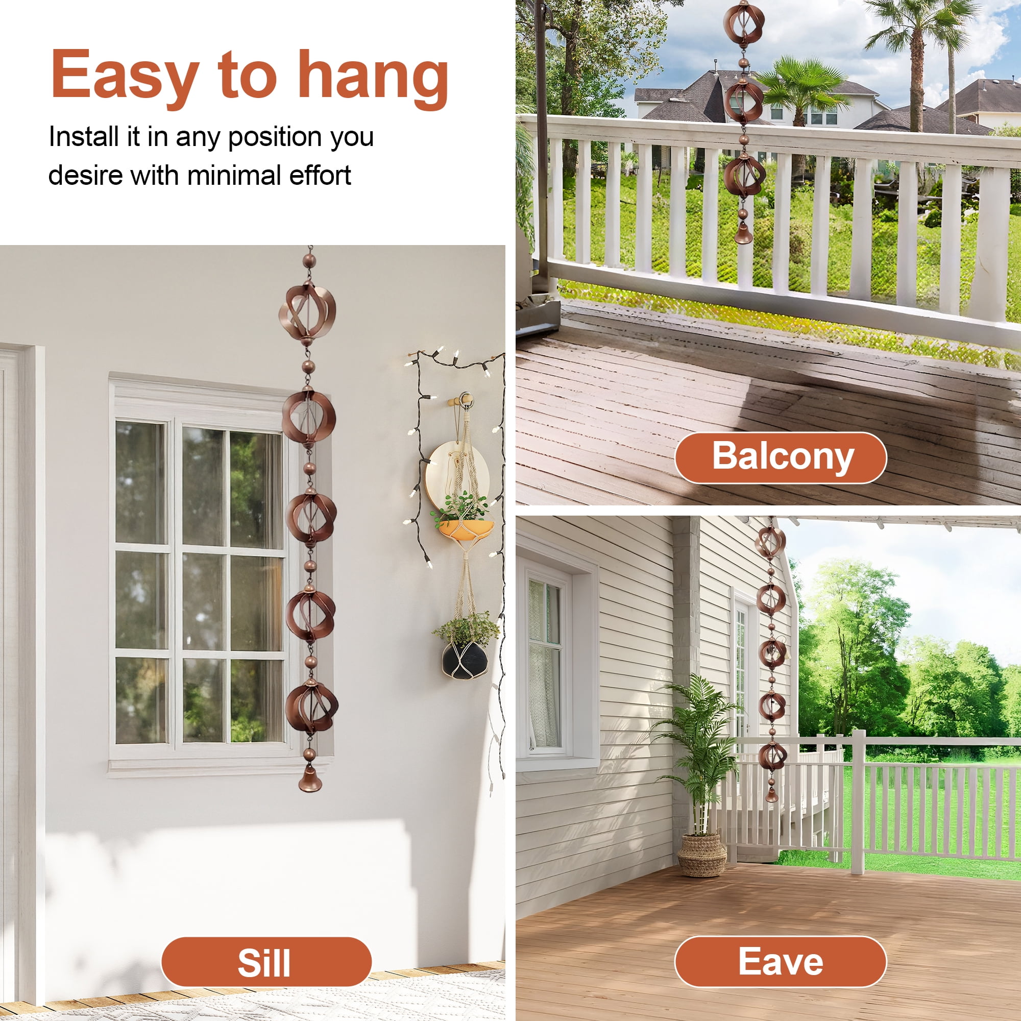 Wind Chime, 1 Piece Swivel Rain Chain Suspension, 42.52 lnches, Patio Outdoor Decor, Vintage Wind Chime with Bell