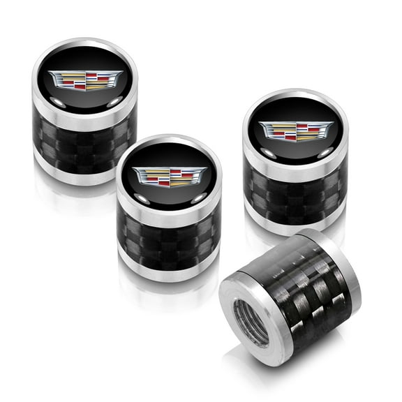 iPick Image for Cadillac Crest Logo in Black on Real Carbon Fiber Barrel Silver Aluminum Tire Valve Stem Caps, Official Licensed