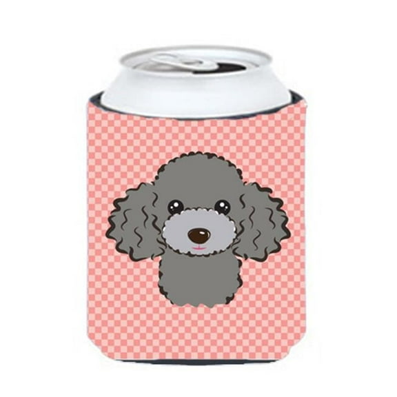Checkerboard Pink Silver Gray Poodle Can Or Bottle Hugger, 12 Oz.