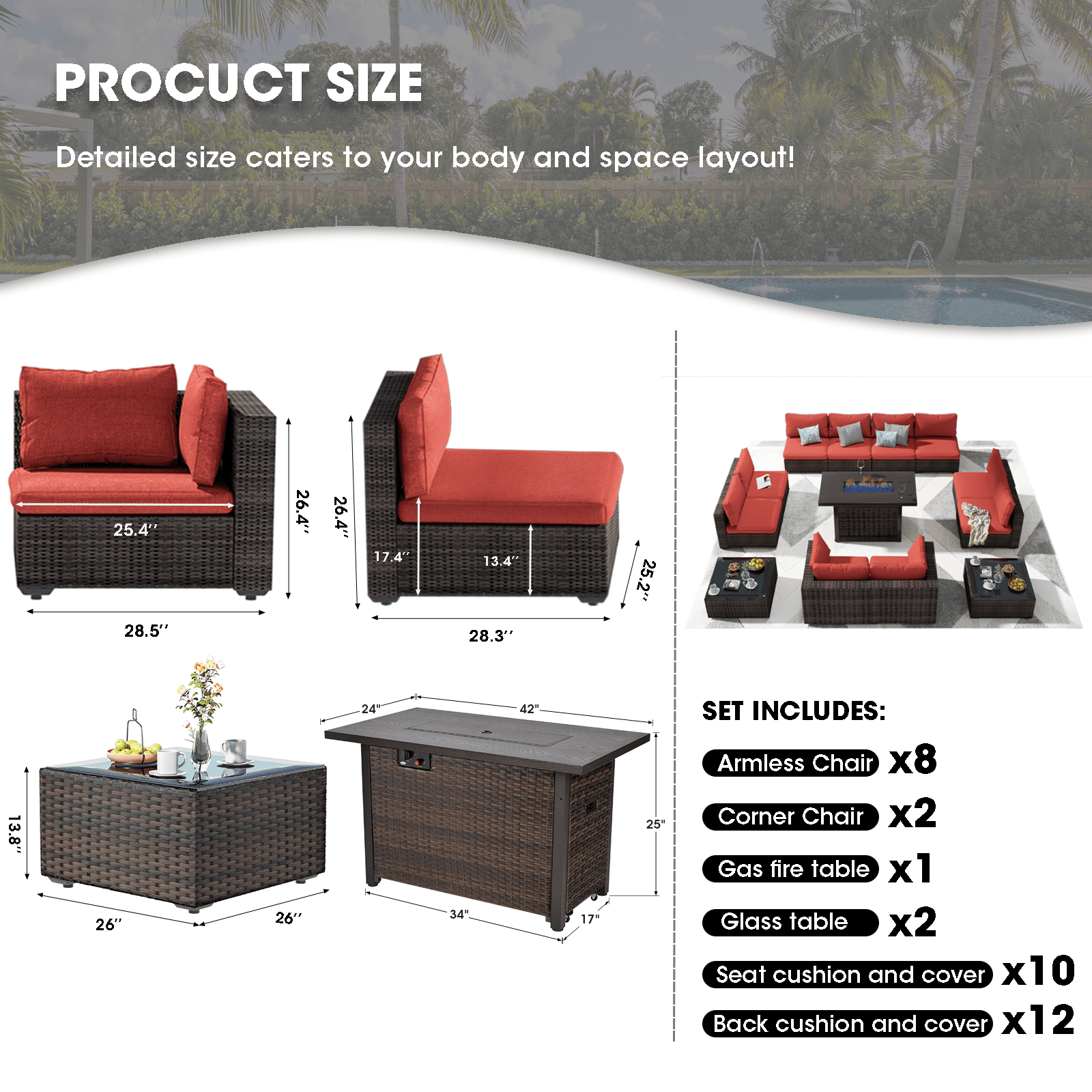 Grezone 13 Piece Patio Furniture Set with Fire Pit Table, All Weather Outdoor Sectional PE Rattan, Patio Conversation Sets with Cushions and Glass Coffee Table for Garden Lawn Balcony