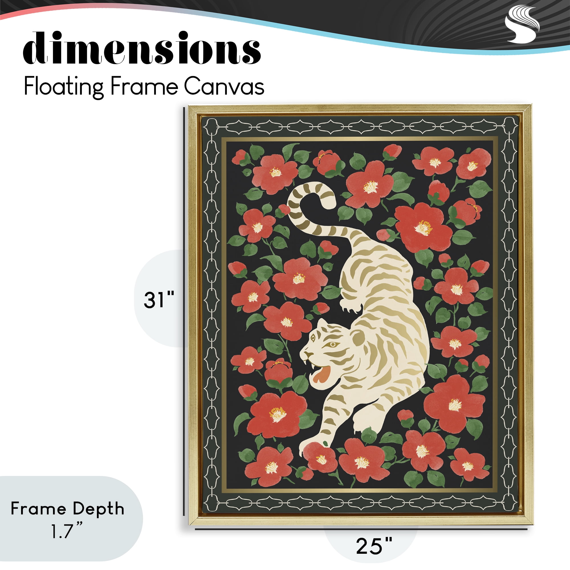 Stupell Industries Ivory Tiger Among Camelias Gold Framed Floater Canvas Wall Art, design by Karolina Sato