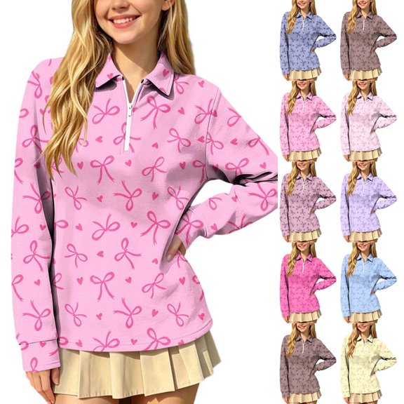 Falkdiz Girls Long Sleeve Shirts Sweet Winter Pullover 1/4 Zipper Casual Back to School Stylish Graphic Tops for Girls Collar , Brown , Size: 3-4 Years