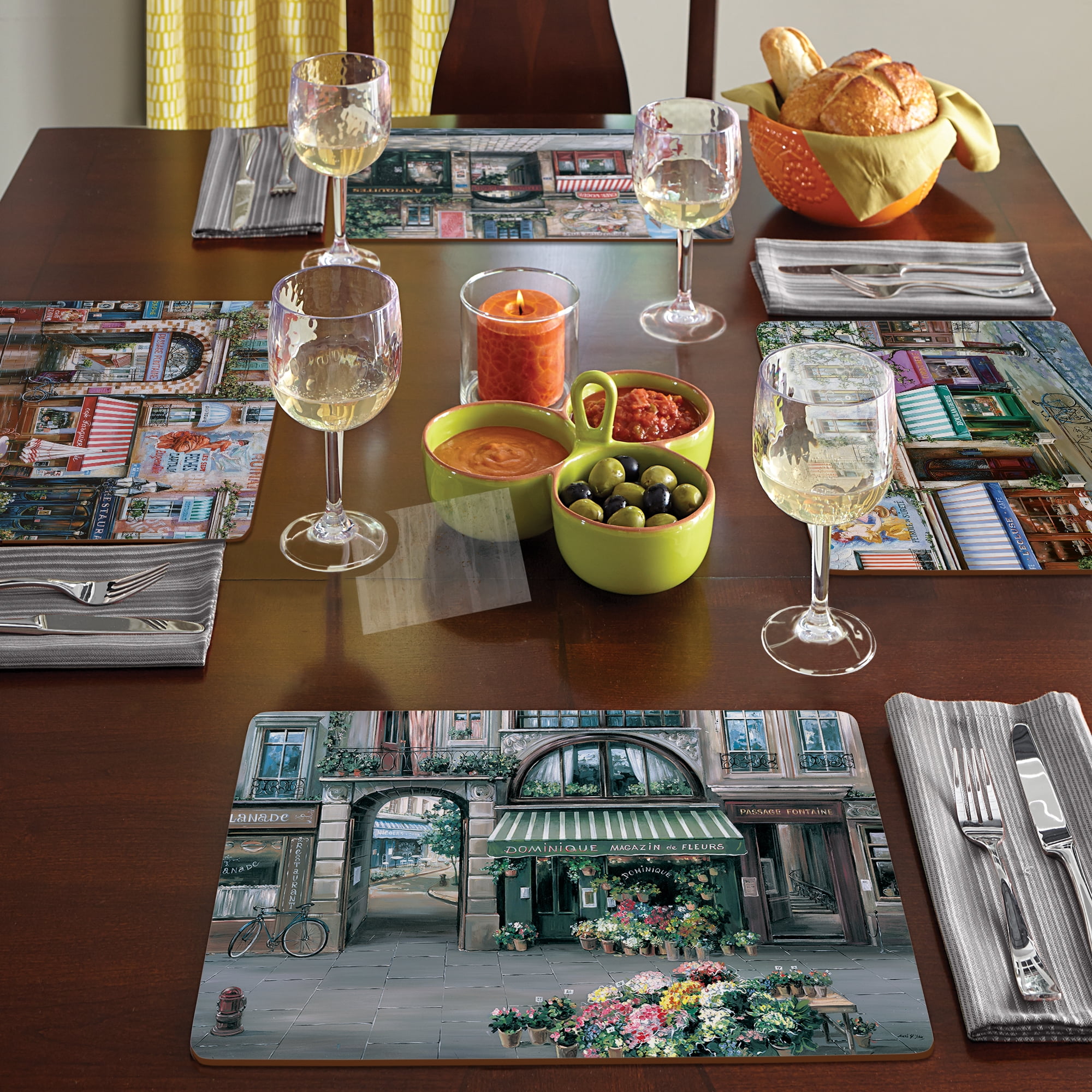 Cala Home "Village Square" Assorted Image Decorative Hardboard Cork Back Tabletop Placemats 4 Pack