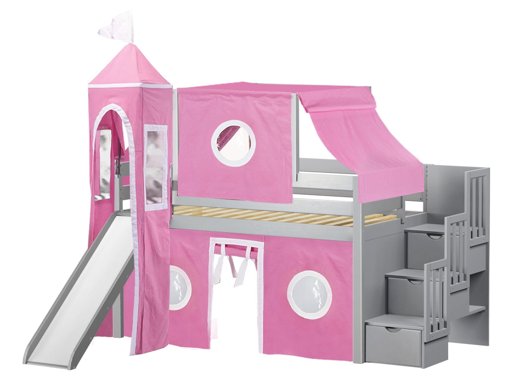 Princess Low Loft Stairway Bed With Slide Pink And White Tent And Tower