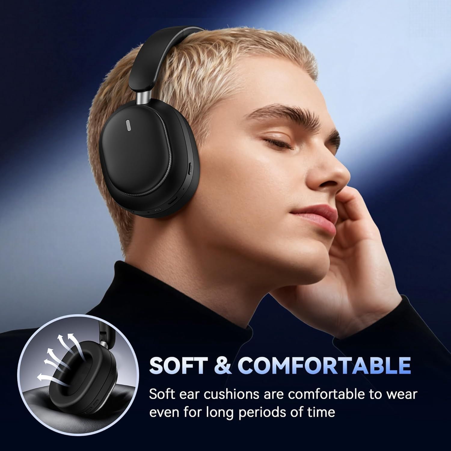 Over Ear Bluetooth Wireless Headphones, 50H Playtime, Deep Bass, HiFi Stereo Sound, Lightweight Foldable for Travel, Home and Office, Black