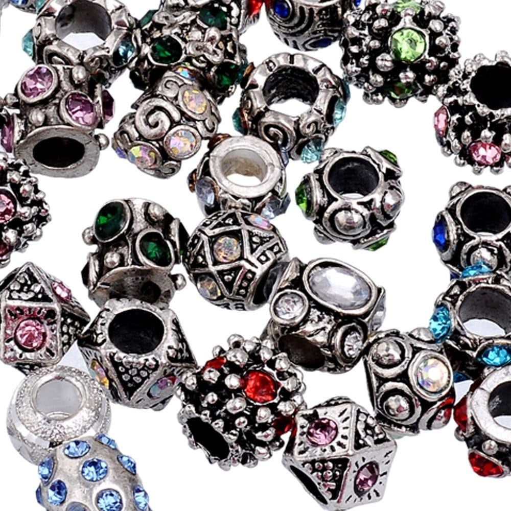 200Pcs Mix Assorted Crystal Silver Color Metal Charm Beads Jewelry Making