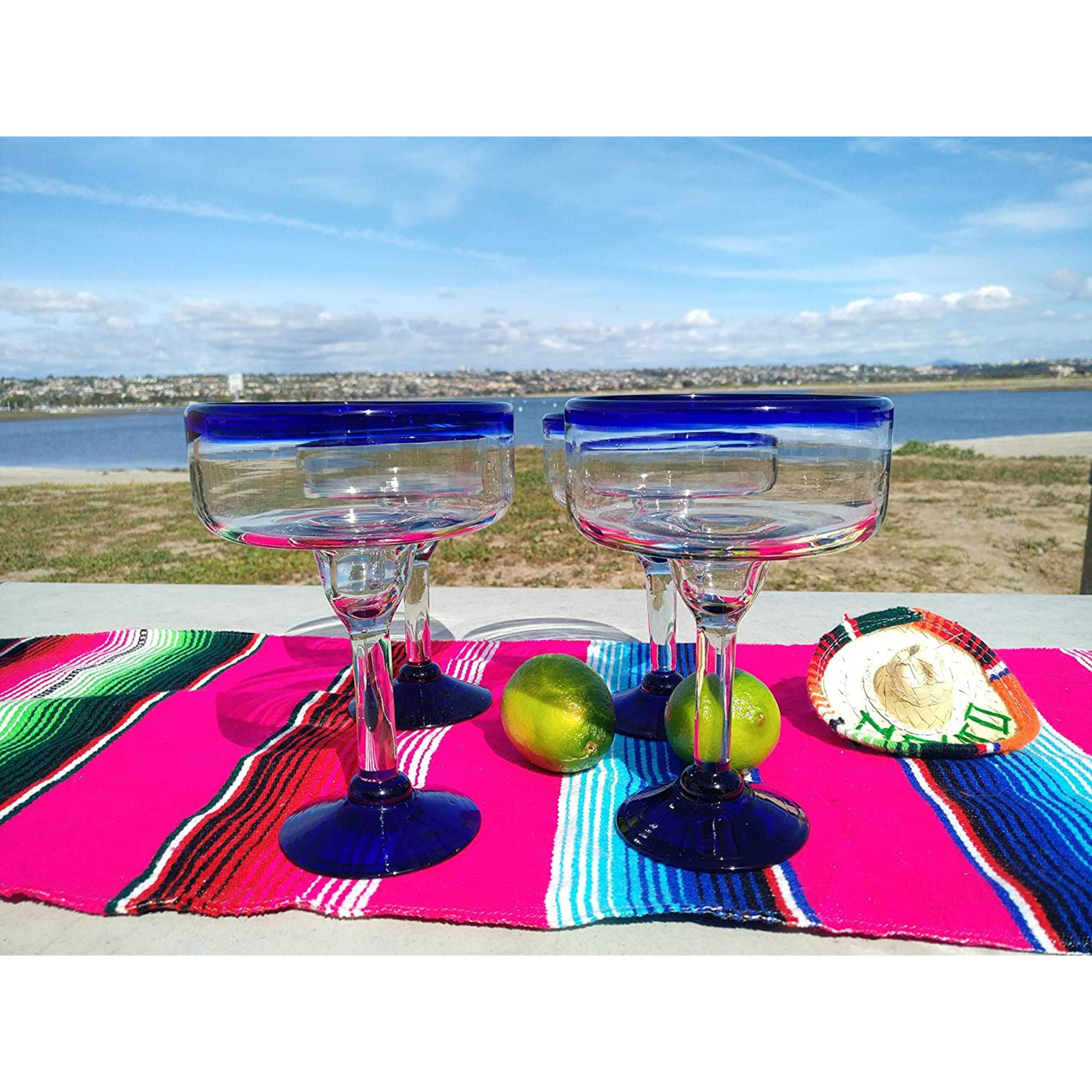 Dos Sueños Mexican Hand Blown Glass – Set of 4 Hand Blown Stemless Aqua Rim Margarita Glasses (14oz)