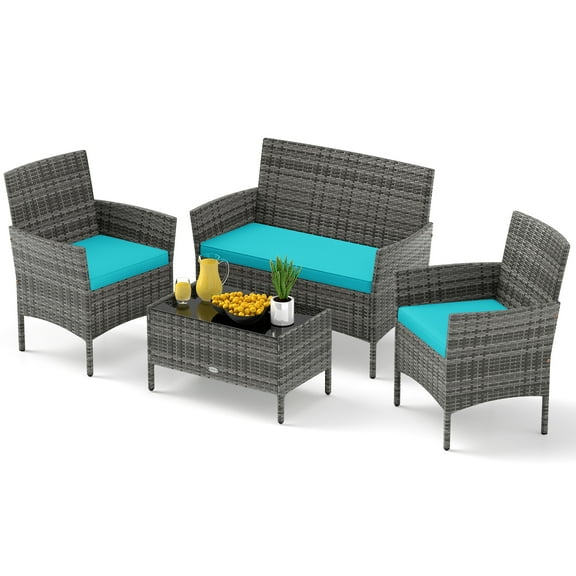 Gymax Set Of 4 Patio Furniture Set w/Washable Cushions & Tempered Glass Coffee Table Turquoise