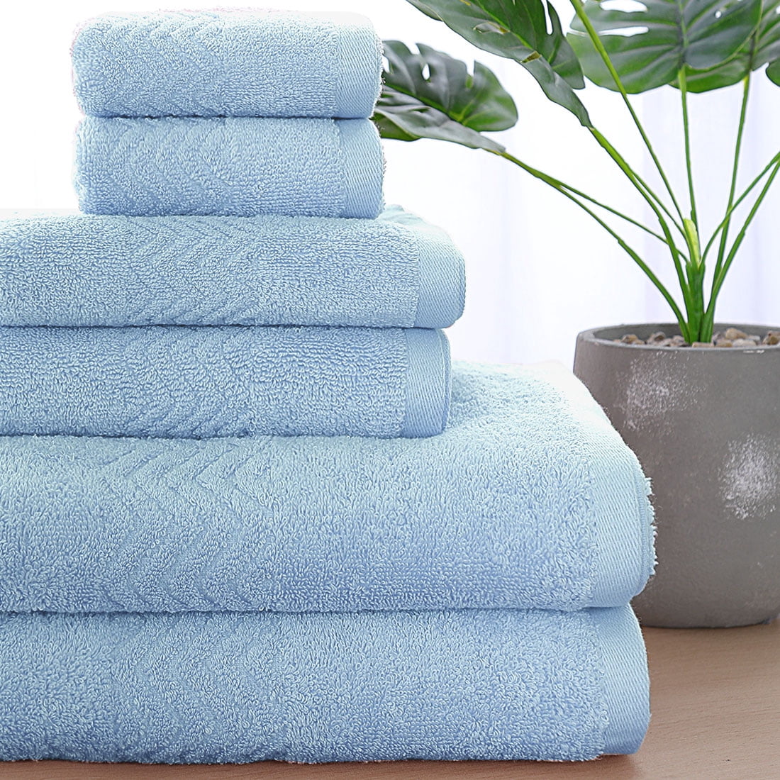 Unique Bargains Soft Absorbent Cotton Plush Bath Hand Towel Set 6 Pieces, Light Blue