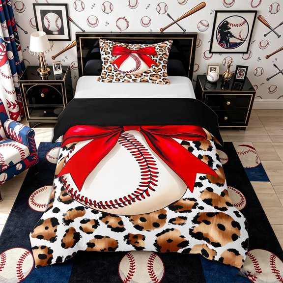 Castle Fairy Baseball Sport Twin Duvet Cover, Ribbon Bow Leopard Print Twin Bedding, Brown Red White,Black Reversible,2pcs,1 Duvet Cover and 1 Pillowcase