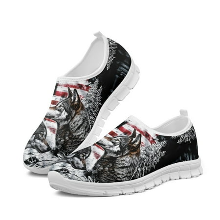 Women Flat Shoe American Flag and Wolf Printing Walking Breathable Sneakers Breath Mesh Shoes Non Slip Loafers