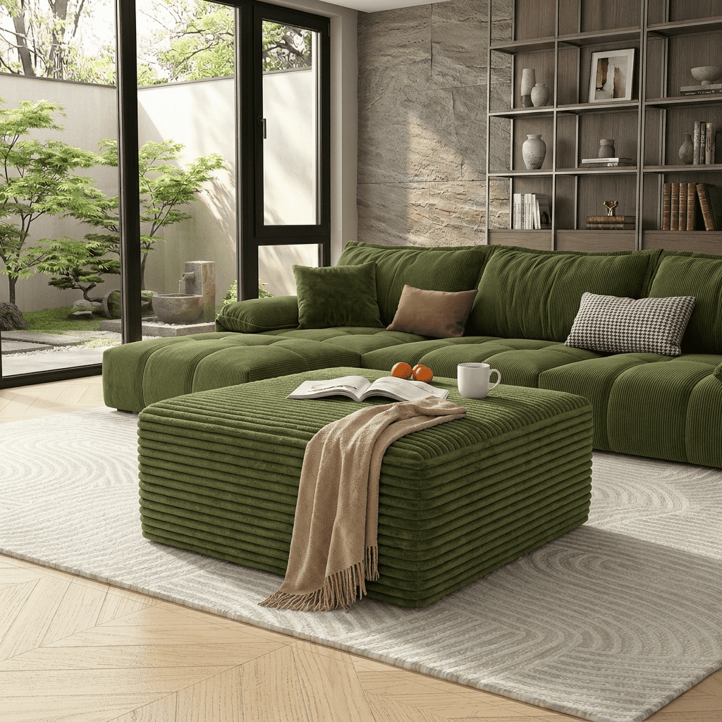 Large Oversized Corduroy Ottoman Footrest for Sofa Large Rectangle Floor Bench Extra Seating Coffee Table for Living Room, No Assembly (Sage Green)