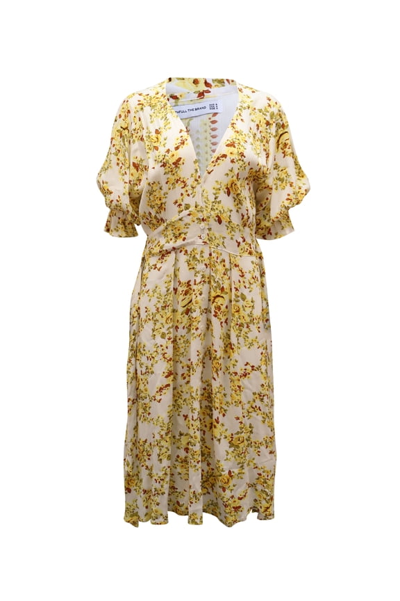 Pre-Owned Faithfull The Brand Rafa Floral-Print Button-Front Puff Sleeve Midi Dress in White Rayon