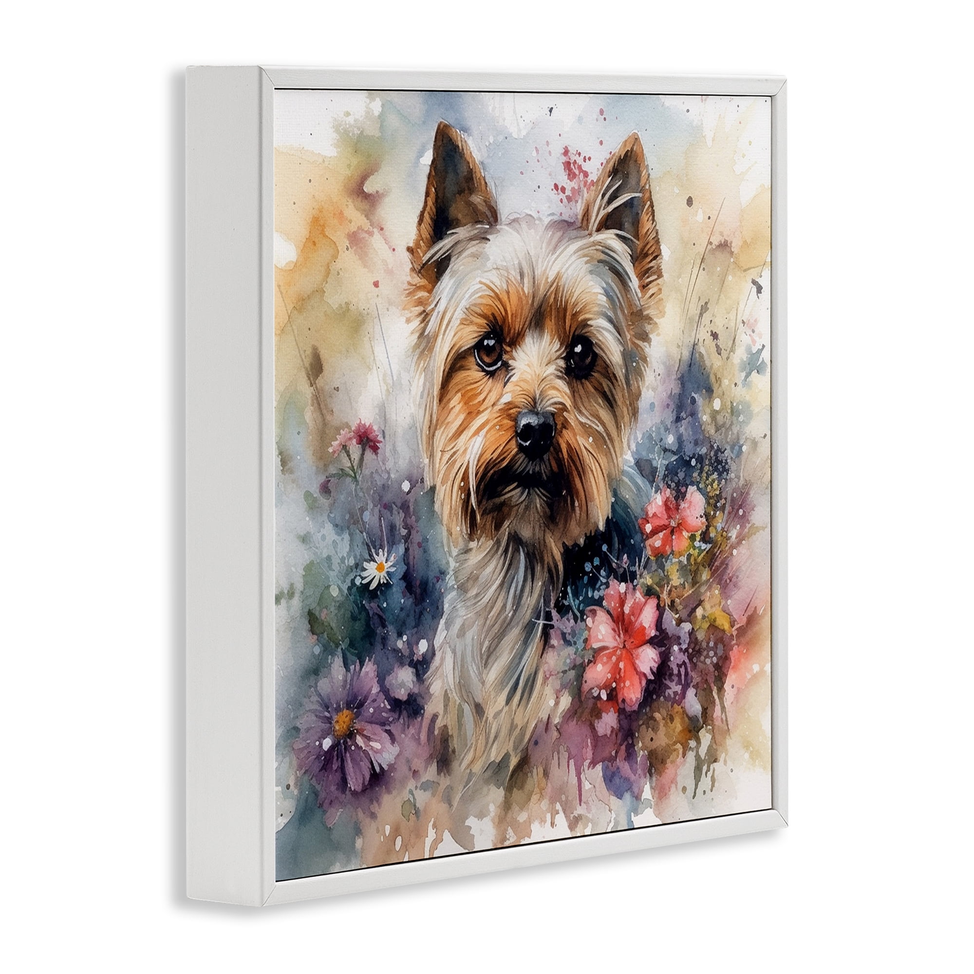 Stupell Industries Floral Adorned Yorkie Animals & Insects Painting White Framed Art Print Wall Art, 17 x 17