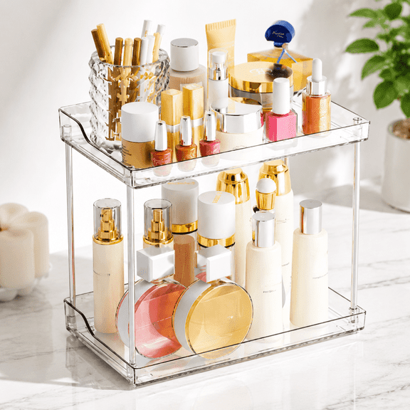 2-Tier Bathroom Counter Organizer – Clear Corner Storage Shelf for Skincare, Makeup, Perfume, and Vanity Accessories, Also Suitable for Kitchen Spice Racks, Rectangle Design