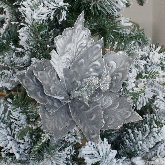 HUONA Glitter Artificial Flowers Christmas Poinsettia Flowers Christmas Tree Decorations Artificial Poinsettia Ornament for Xmas New Year Home Wedding Office Wreath Decor Party Favors Gray