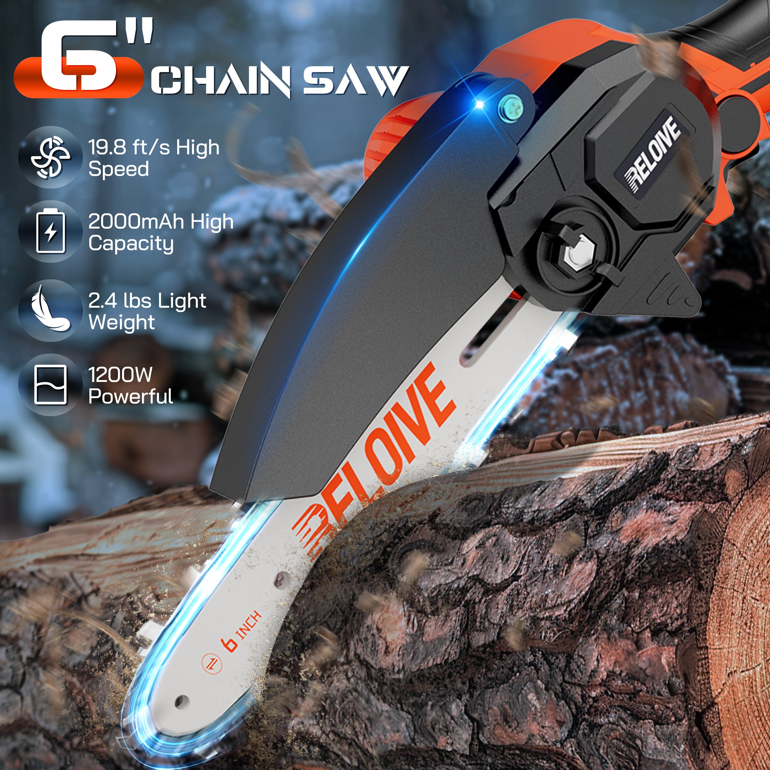 RELOIVE 6 in Mini Chainsaw with 2PCS 2.0 Ah Batteries 3 Chains,Cordless Small Handheld Chain Saw for Wood Cutting Tree Trimming