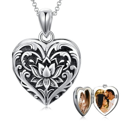 AOBOCO Lotus Flowers Heart Necklace Sterling Silver Locket Necklace That Holds Pictures...