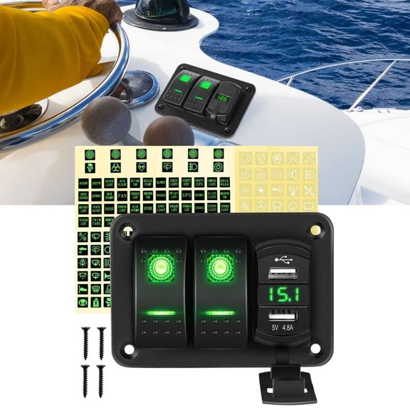 Waywe 2 Gang Rocker Switch Panel Green Backlit with 4.8 Amp Dual USB Charger Voltmeter Waterproof 12V 24V DC Rocker Switch for Car Trucks Boats RVs