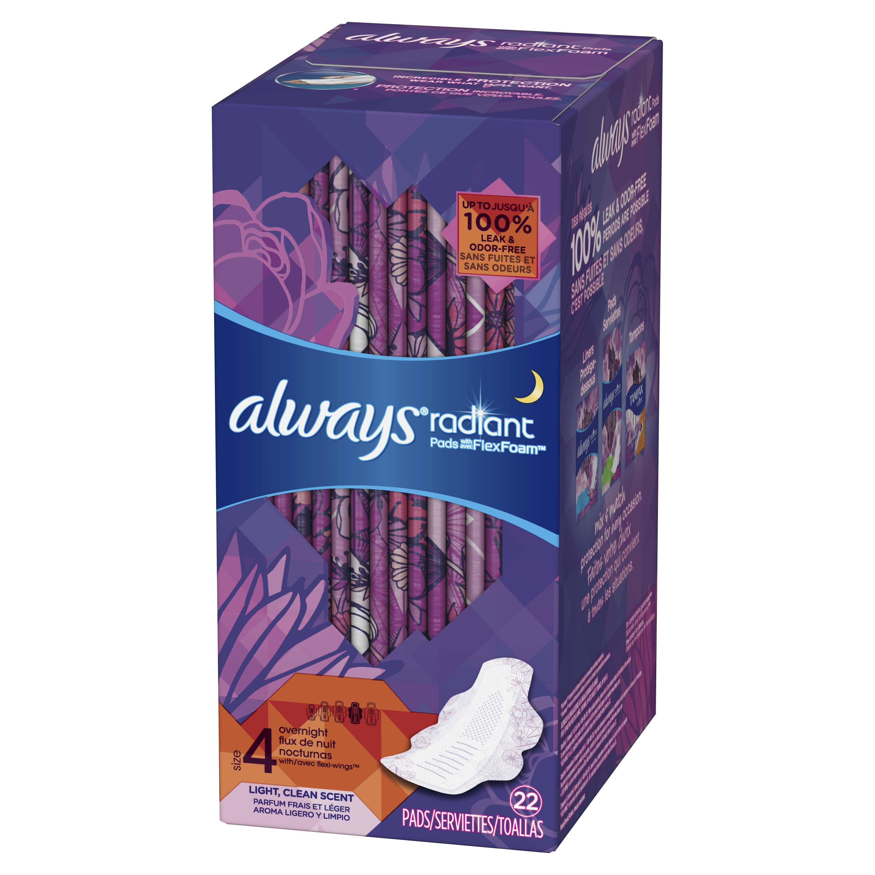 Always Radiant Overnight Pads, Winged, Light Clean Scent Size 4 22 ct